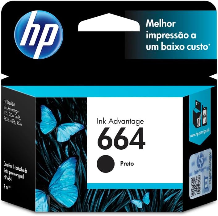 Cartucho de Tinta HP 664 Preto Original (F6V29AB) Compatível com Impressoras HP Deskjet