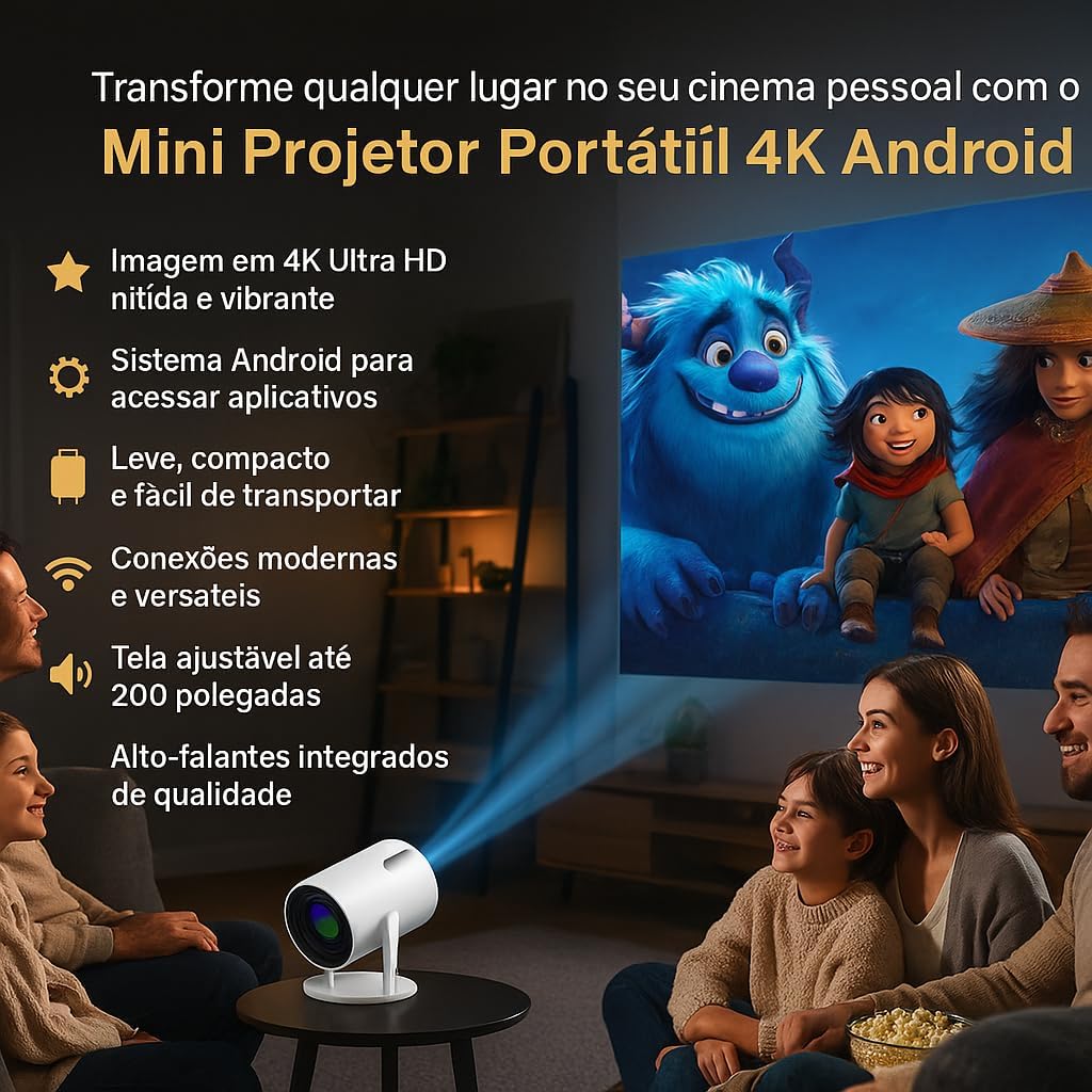 Mini Projetor Portátil 5G Wi-Fi 6 Bluetooth 5.0 Android 11 4K 1080P Full HD