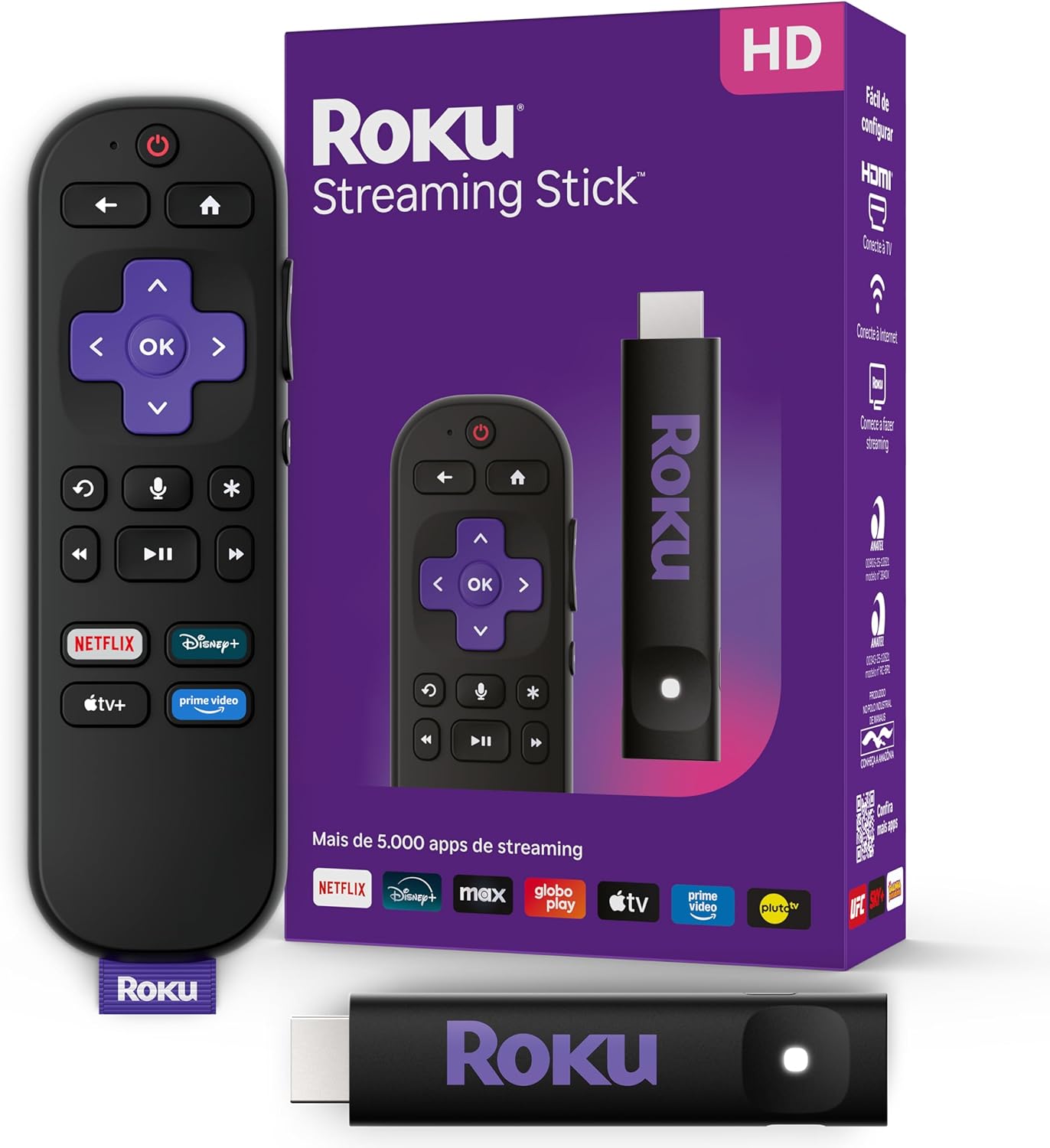 Roku Streaming Stick HD 2025 - Dispositivo de Streaming com Controle Remoto por Comando de Voz